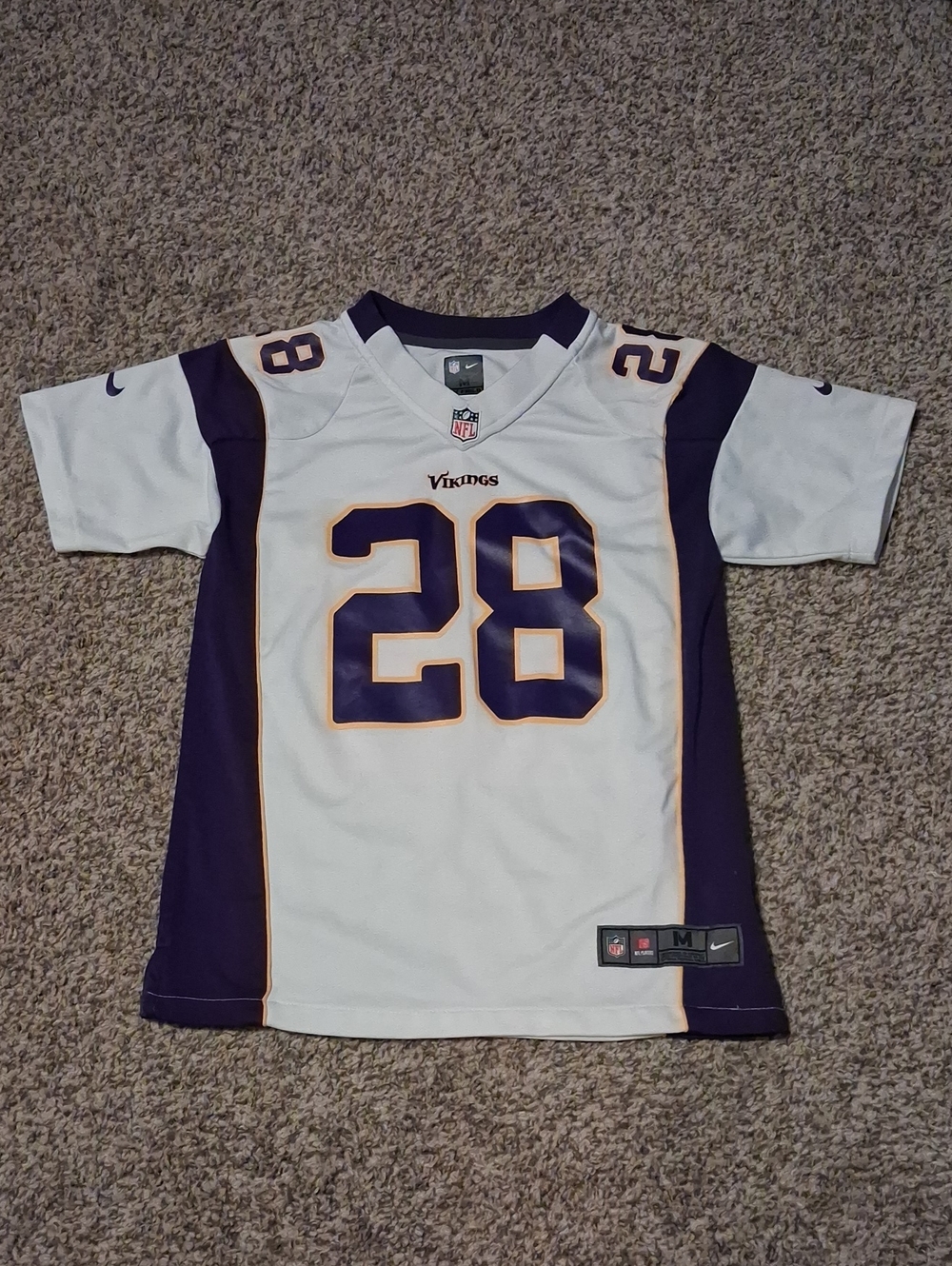 Offficial Nike Minnesota Vikings Kids #28 White & Purple Football Jersey